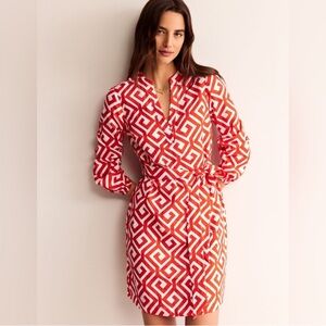 Red and White Geometric Dress Boden Red Cleo 100% Linen Dress 6R NWT